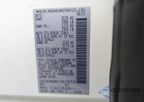 2022 Nissan Pathfinder Sv from USA, damaged, VIN 5N1DR3BA8NC262655